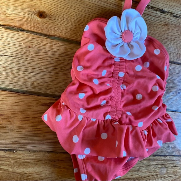 Janie & Jack Pink White Polka Dot Ruffle Halter Swimsuit 3-6 Month - Picture 2 of 5